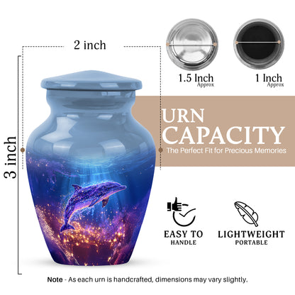 Azure Dolphin Cremation Urn close-up of engraving and surface detail - timeless dolphin motif etched into premium metal - mini keepsake memorial for portion of cremation ashes