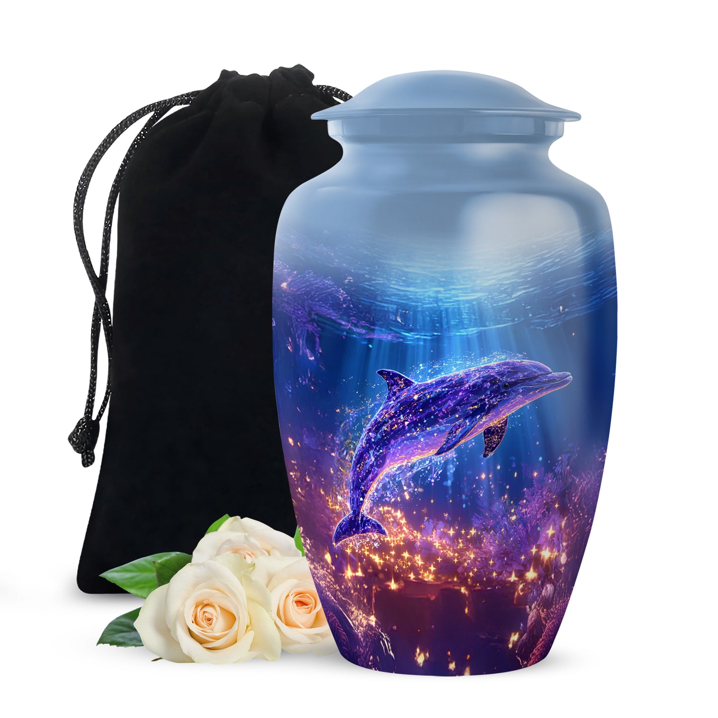 Bright Blue Dolphin Cremation Urn angled view of lid and engraved motif - traditional dolphin engraving with hand-polished finish - full-size 10 inch 200 cubic inch adult cremation urn