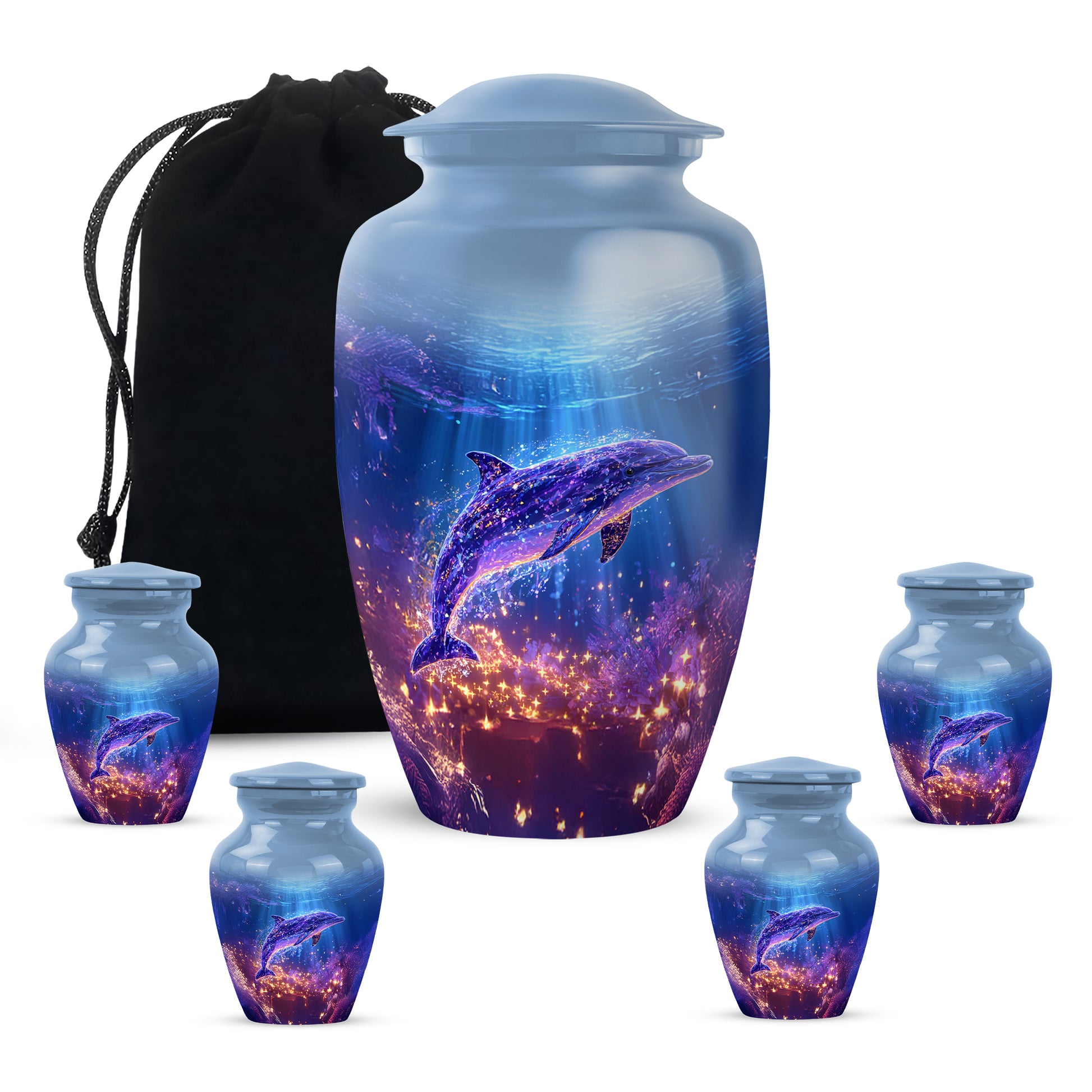 Twilight Blue Dolphin Cremation Urn top-down view of secure threaded lid - traditional dolphin engraving with hand-polished finish - memorial set with one large and four small urns