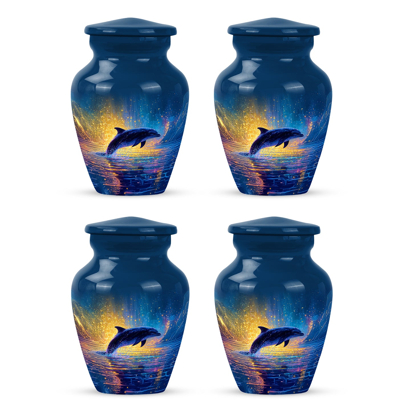 Cobalt Blue Dolphin Cremation Urn side profile showing urn shape - traditional dolphin engraving with hand-polished finish - 10 inch aluminum urn for cremated remains