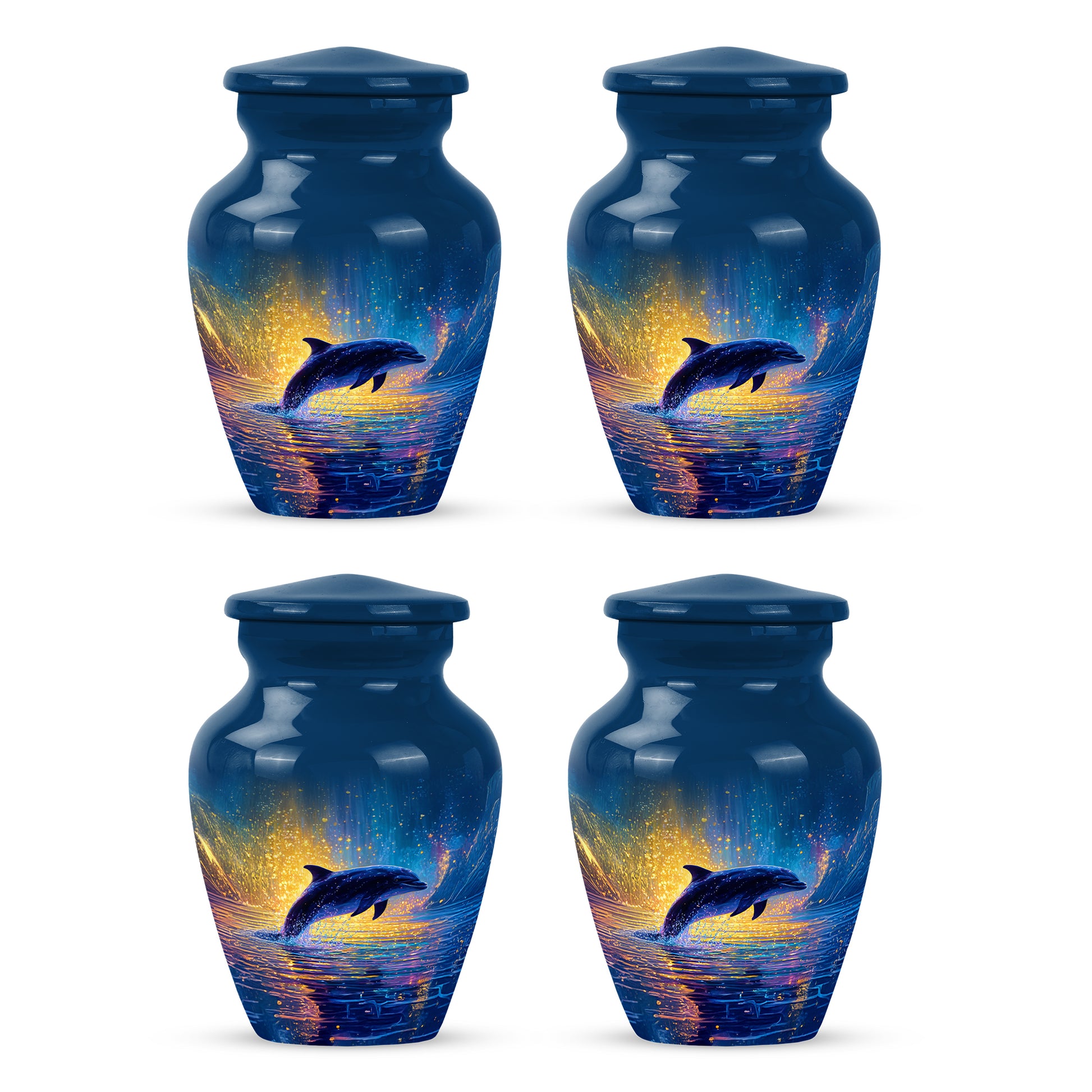 Cobalt Blue Dolphin Cremation Urn side profile showing urn shape - traditional dolphin engraving with hand-polished finish - 10 inch aluminum urn for cremated remains