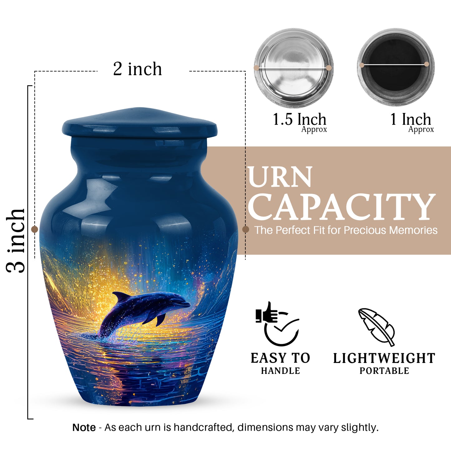 Pastel Blue Dolphin Cremation Urn close-up of engraving and surface detail - classic sculpted dolphin pattern on smooth aluminum - mini keepsake memorial for portion of cremation ashes