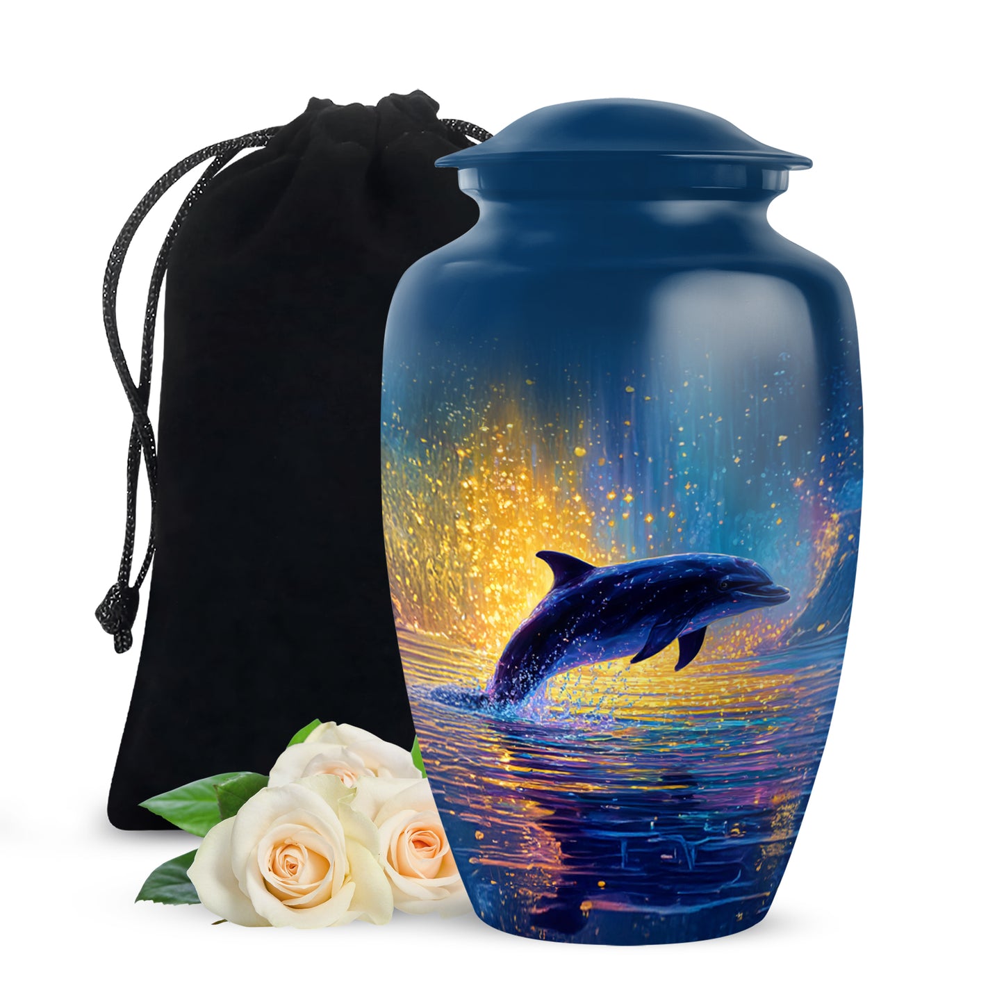 Twilight Blue Dolphin Cremation Urn angled view of lid and engraved motif - traditional dolphin engraving with hand-polished finish - full-size 10 inch 200 cubic inch adult cremation urn
