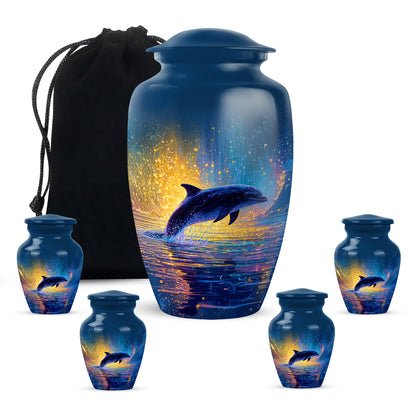 Indigo Dolphin Cremation Urn top-down view of secure threaded lid - timeless dolphin motif etched into premium metal - memorial set with one large and four small urns