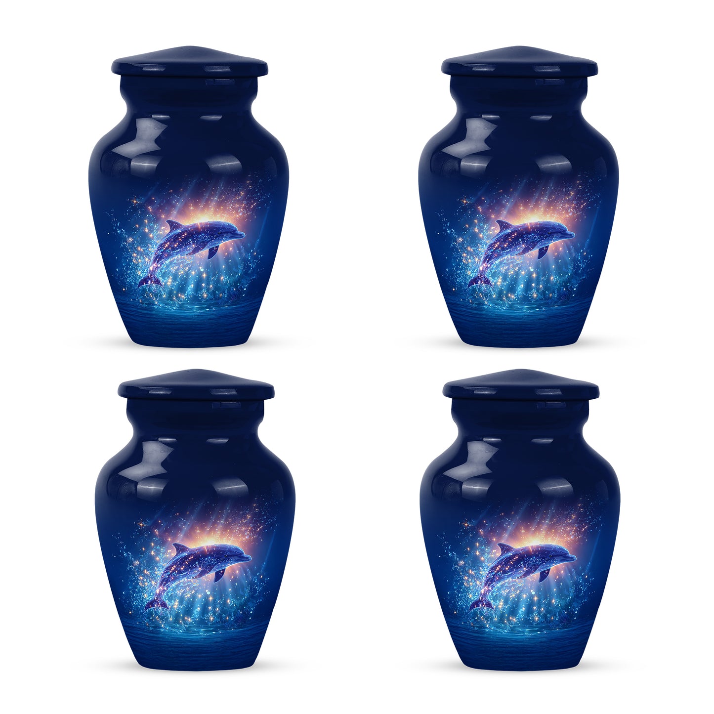 Cobalt Blue Dolphin Cremation Urn side profile showing urn shape - traditional dolphin engraving with hand-polished finish - 10 inch aluminum urn for cremated remains