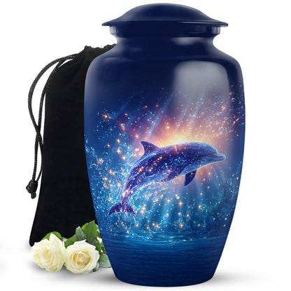 Twilight Blue Dolphin Cremation Urn angled view of lid and engraved motif - traditional dolphin engraving with hand-polished finish - full-size 10 inch 200 cubic inch adult cremation urn