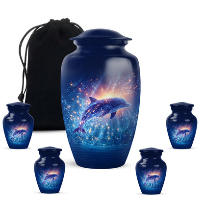 Sapphire Blue Dolphin Cremation Urn top-down view of secure threaded lid - traditional dolphin engraving with hand-polished finish - memorial set with one large and four small urns