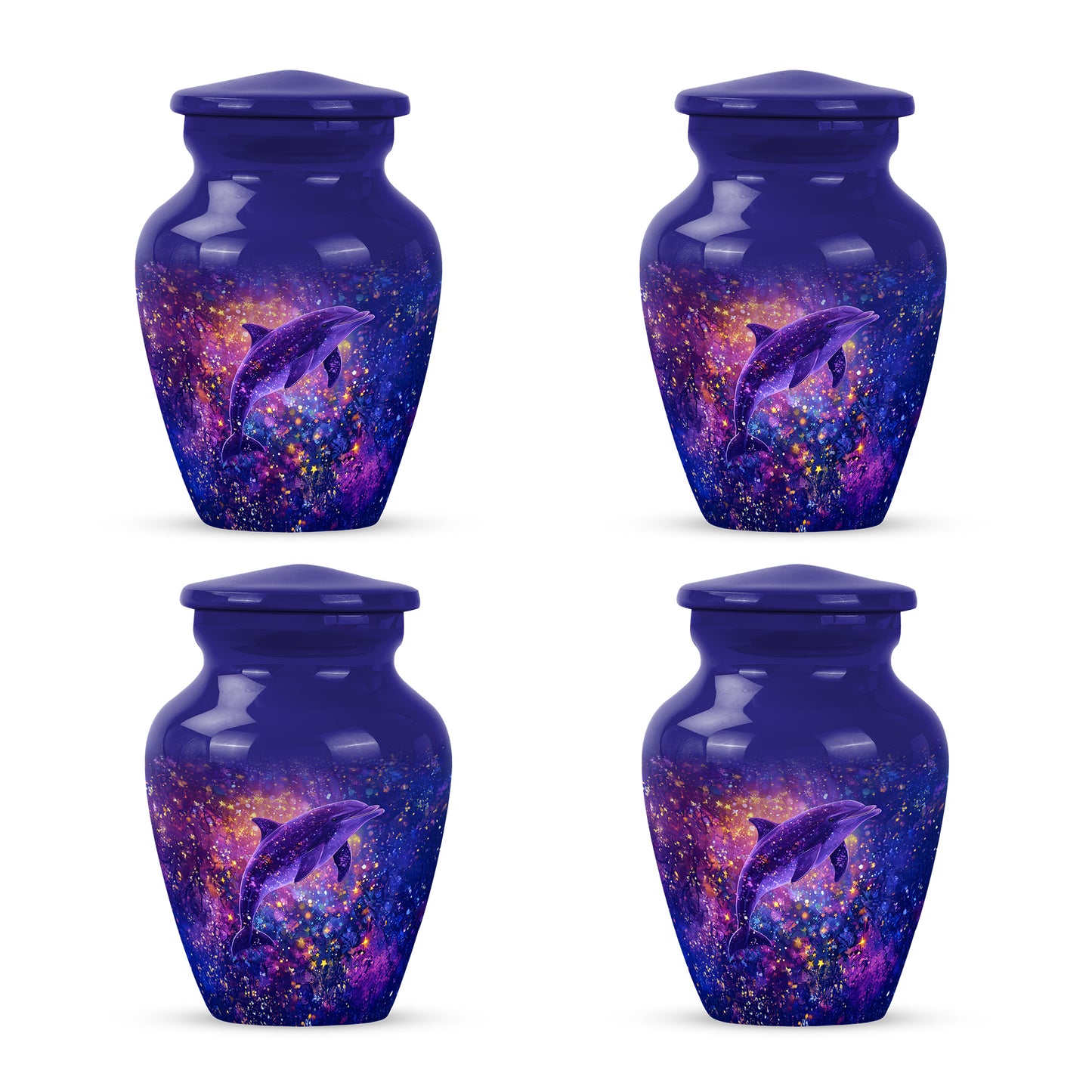 Serene Blue Dolphin Cremation Urn side profile showing urn shape - elegant classic dolphin relief with fine detailing - 10 inch aluminum urn for cremated remains