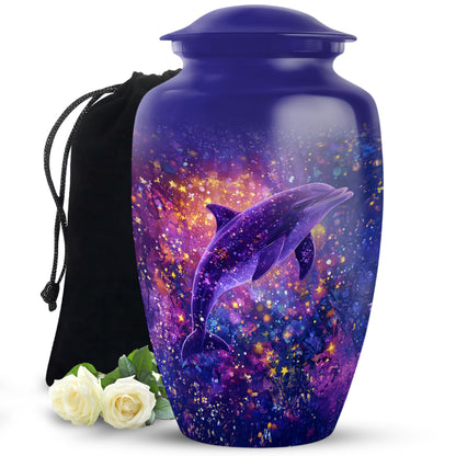 Slate Blue Dolphin Cremation Urn angled view of lid and engraved motif - classic sculpted dolphin pattern on smooth aluminum - full-size 10 inch 200 cubic inch adult cremation urn
