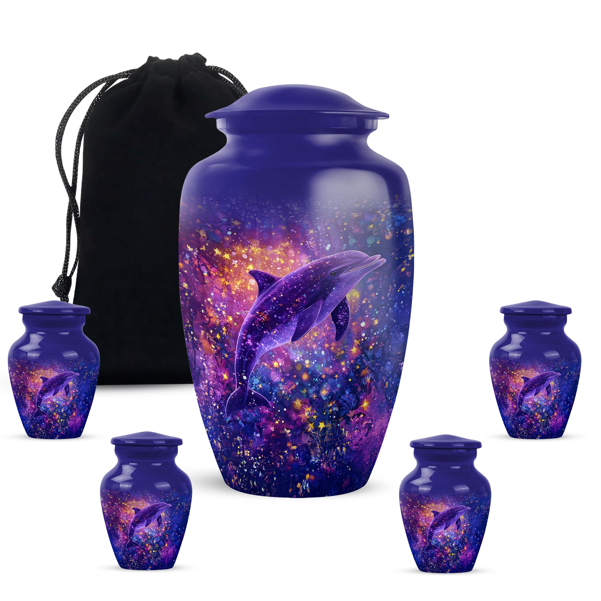 Cornflower Blue Dolphin Cremation Urn top-down view of secure threaded lid - elegant classic dolphin relief with fine detailing - memorial set with one large and four small urns