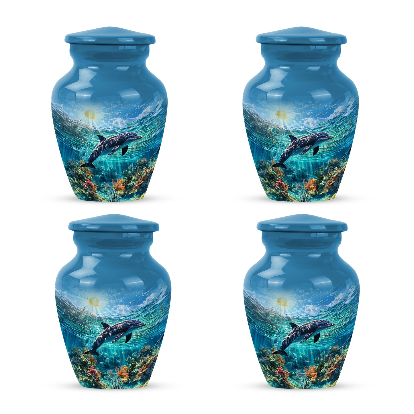 Cobalt Blue Dolphin Cremation Urn side profile showing urn shape - elegant classic dolphin relief with fine detailing - 10 inch aluminum urn for cremated remains