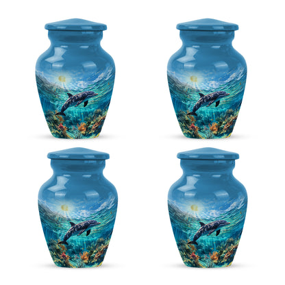 Cobalt Blue Dolphin Cremation Urn side profile showing urn shape - elegant classic dolphin relief with fine detailing - 10 inch aluminum urn for cremated remains