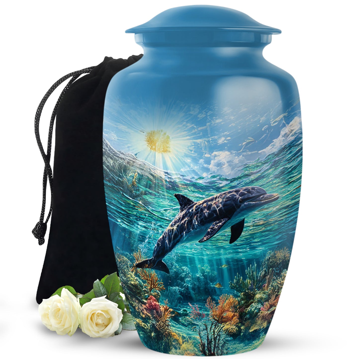 Misty Blue Dolphin Cremation Urn angled view of lid and engraved motif - timeless dolphin motif etched into premium metal - full-size 10 inch 200 cubic inch adult cremation urn