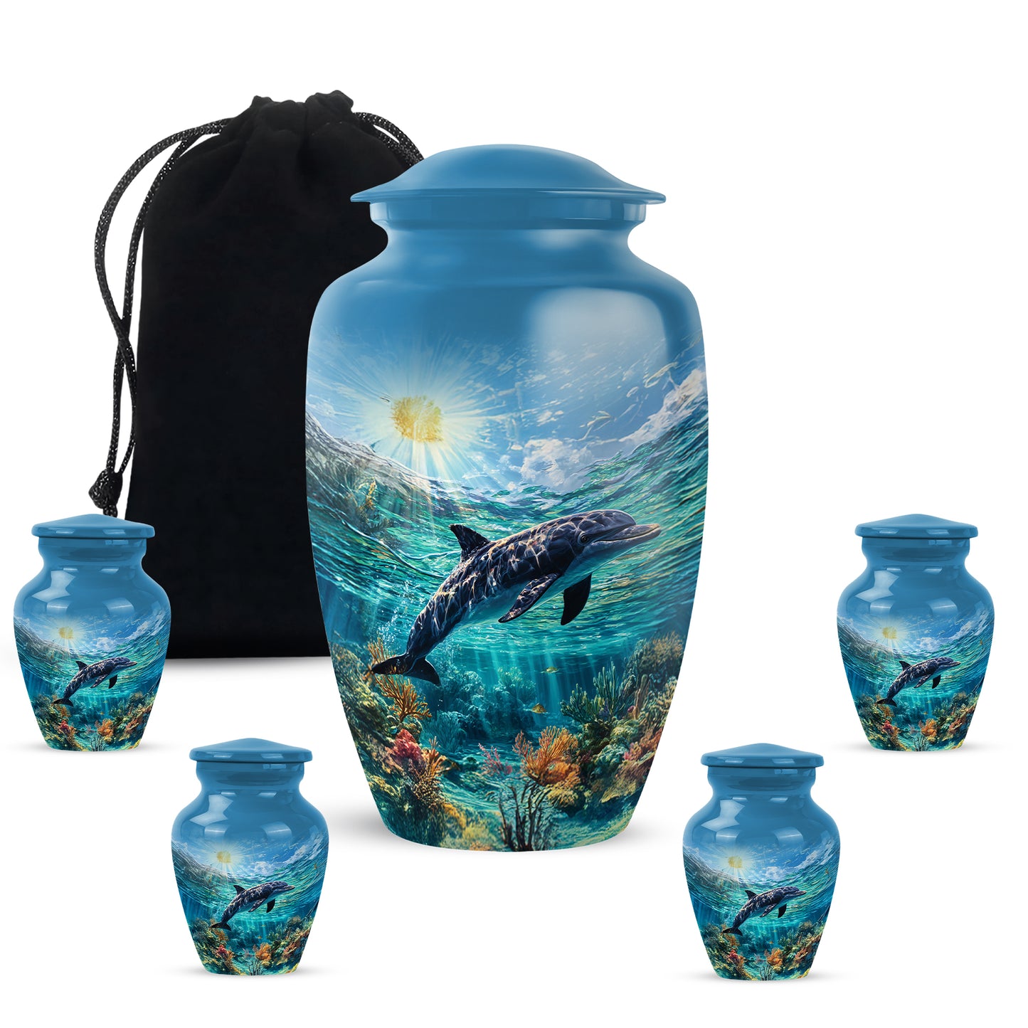 Cornflower Blue Dolphin Cremation Urn top-down view of secure threaded lid - traditional dolphin engraving with hand-polished finish - memorial set with one large and four small urns
