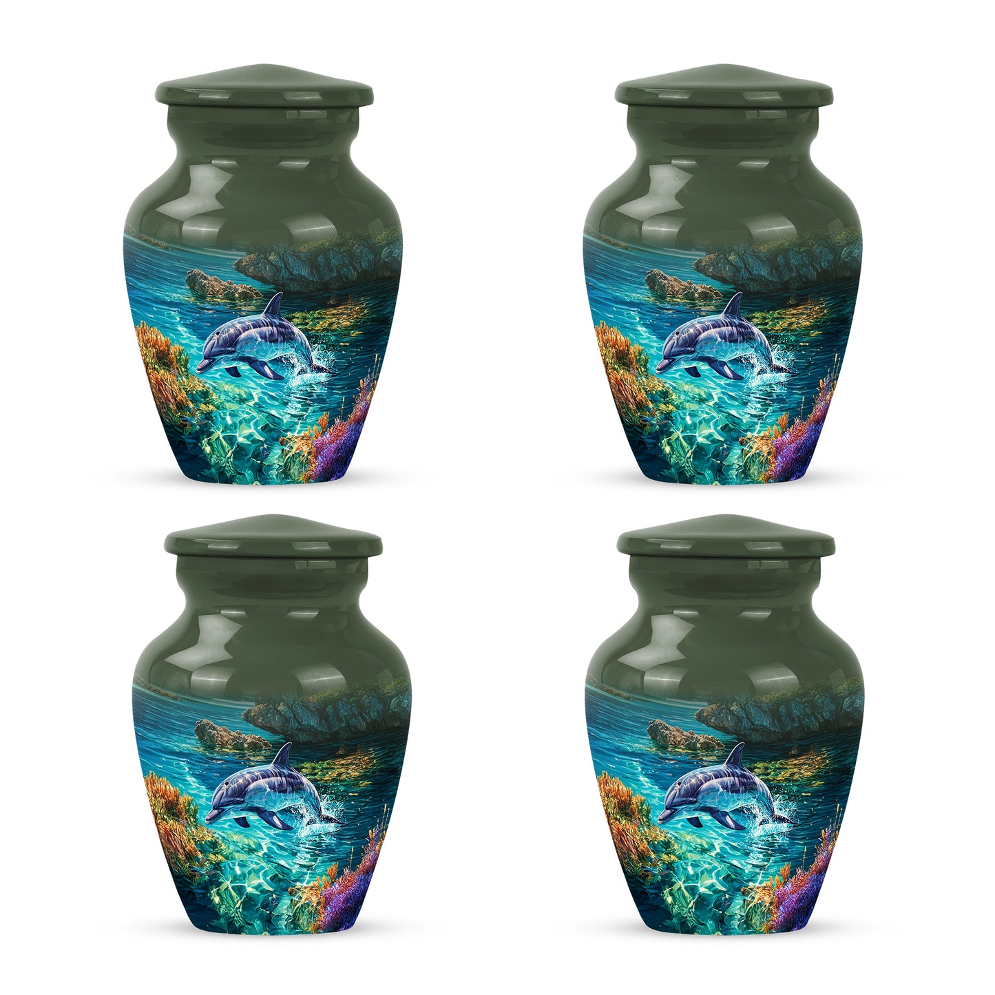 Sage Green Dolphin Cremation Urn side profile showing urn shape - classic sculpted dolphin pattern on smooth aluminum - 10 inch aluminum urn for cremated remains