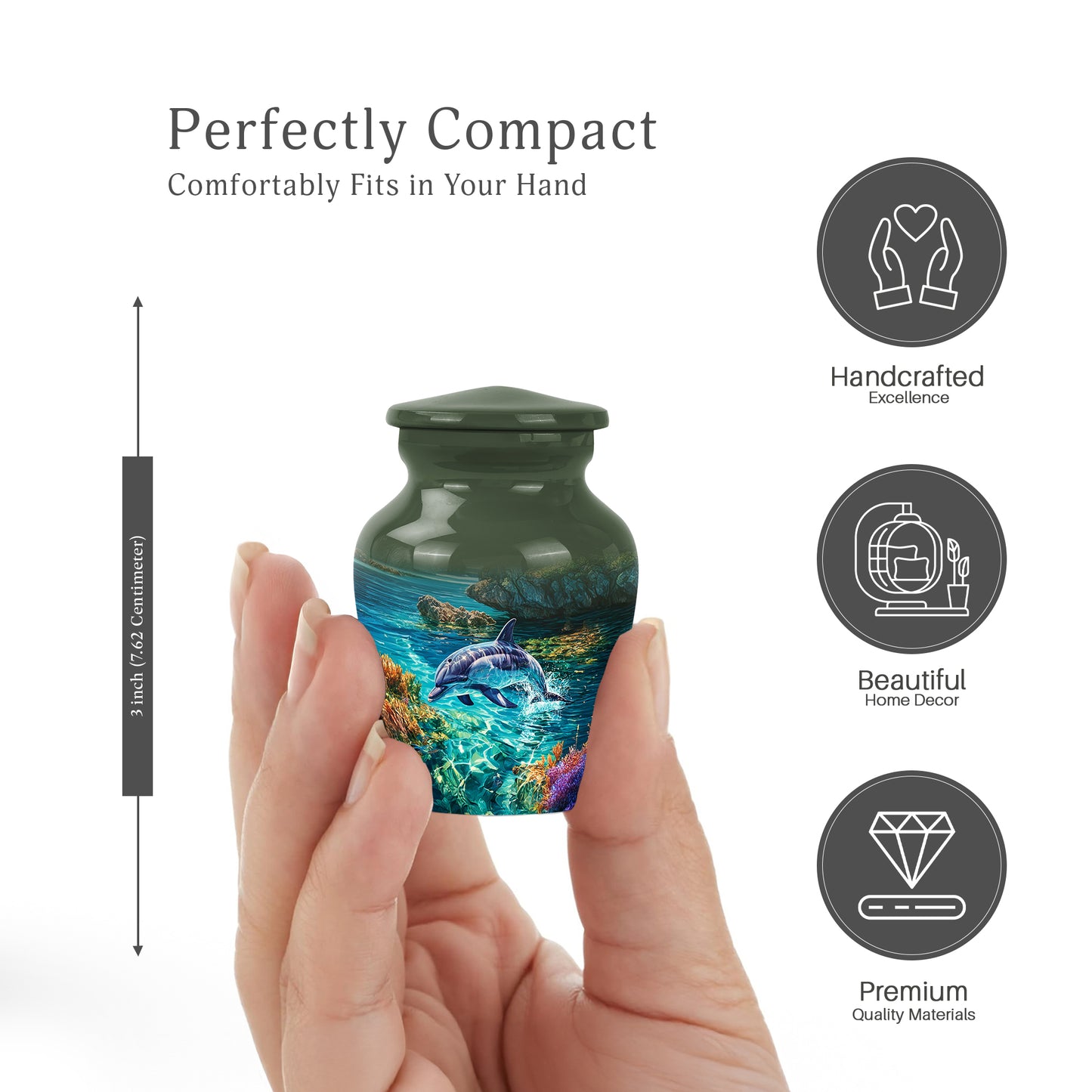 Emerald Green Dolphin Cremation Urn close-up of engraving and surface detail - classic sculpted dolphin pattern on smooth aluminum - mini keepsake memorial for portion of cremation ashes