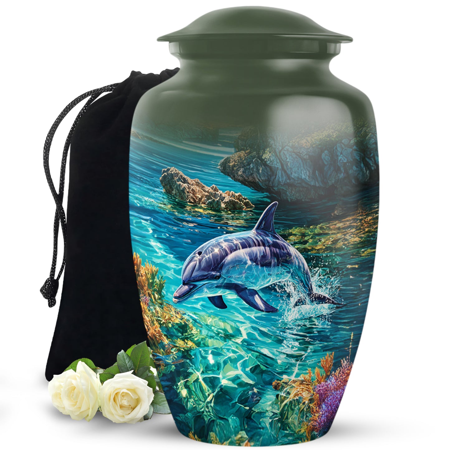 Moss Green Dolphin Cremation Urn angled view of lid and engraved motif - timeless dolphin motif etched into premium metal - full-size 10 inch 200 cubic inch adult cremation urn