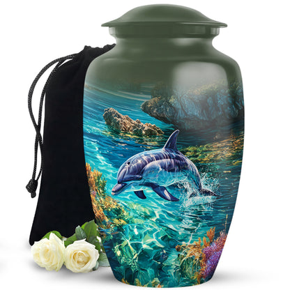 Moss Green Dolphin Cremation Urn angled view of lid and engraved motif - timeless dolphin motif etched into premium metal - full-size 10 inch 200 cubic inch adult cremation urn