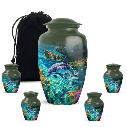 Jade Green Dolphin Cremation Urn top-down view of secure threaded lid - classic sculpted dolphin pattern on smooth aluminum - memorial set with one large and four small urns