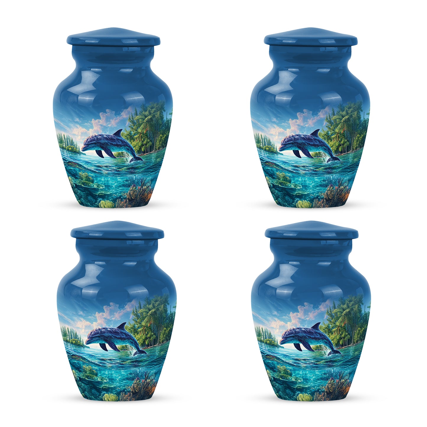 Celestial Blue Dolphin Cremation Urn side profile showing urn shape - timeless dolphin motif etched into premium metal - 10 inch aluminum urn for cremated remains