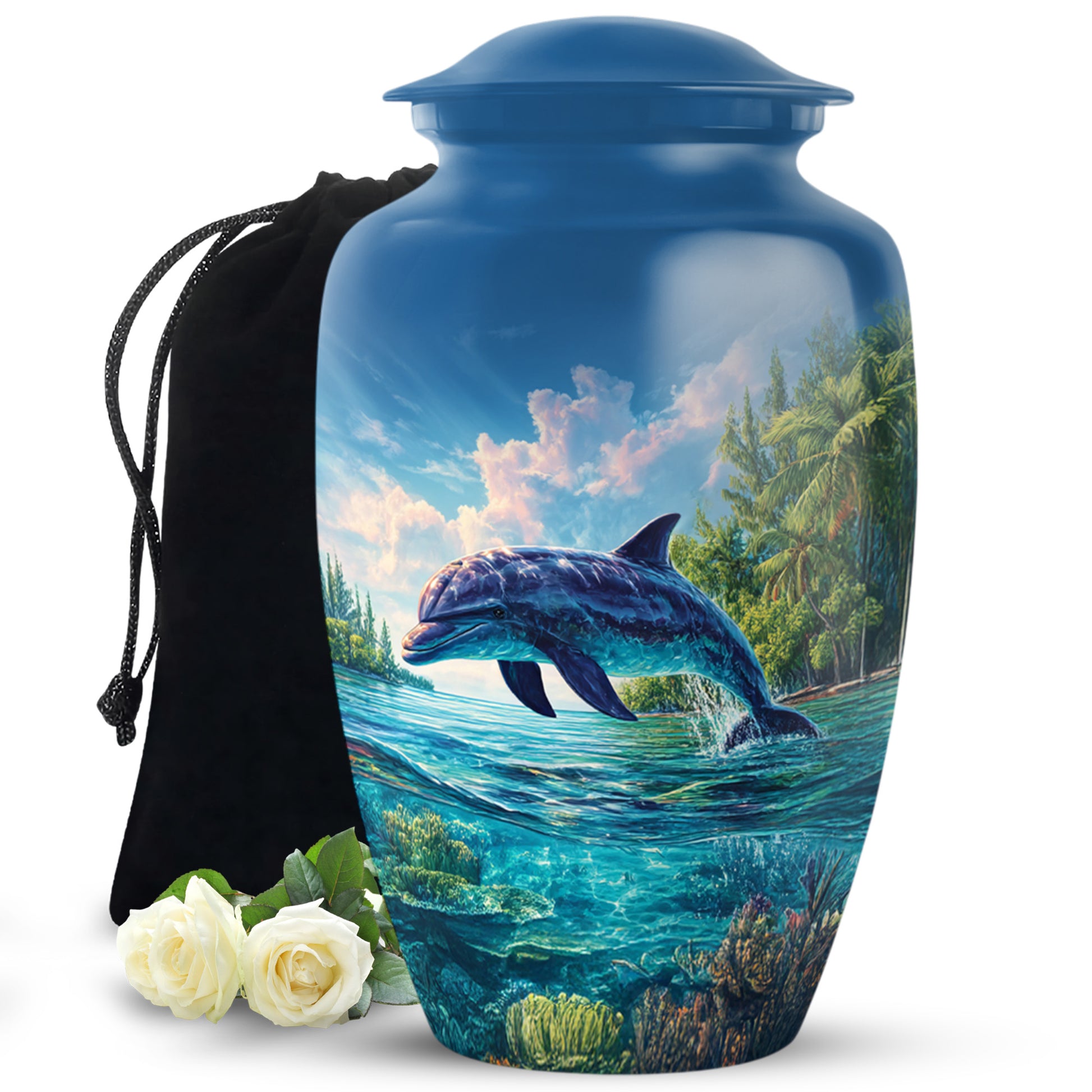 Soft Blue Dolphin Cremation Urn angled view of lid and engraved motif - traditional dolphin engraving with hand-polished finish - full-size 10 inch 200 cubic inch adult cremation urn