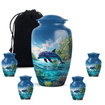 Serene Blue Dolphin Cremation Urn top-down view of secure threaded lid - elegant classic dolphin relief with fine detailing - memorial set with one large and four small urns