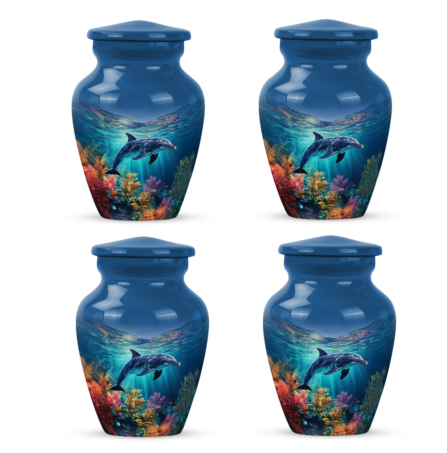 Powder Blue Dolphin Cremation Urn side profile showing urn shape - classic sculpted dolphin pattern on smooth aluminum - 10 inch aluminum urn for cremated remains