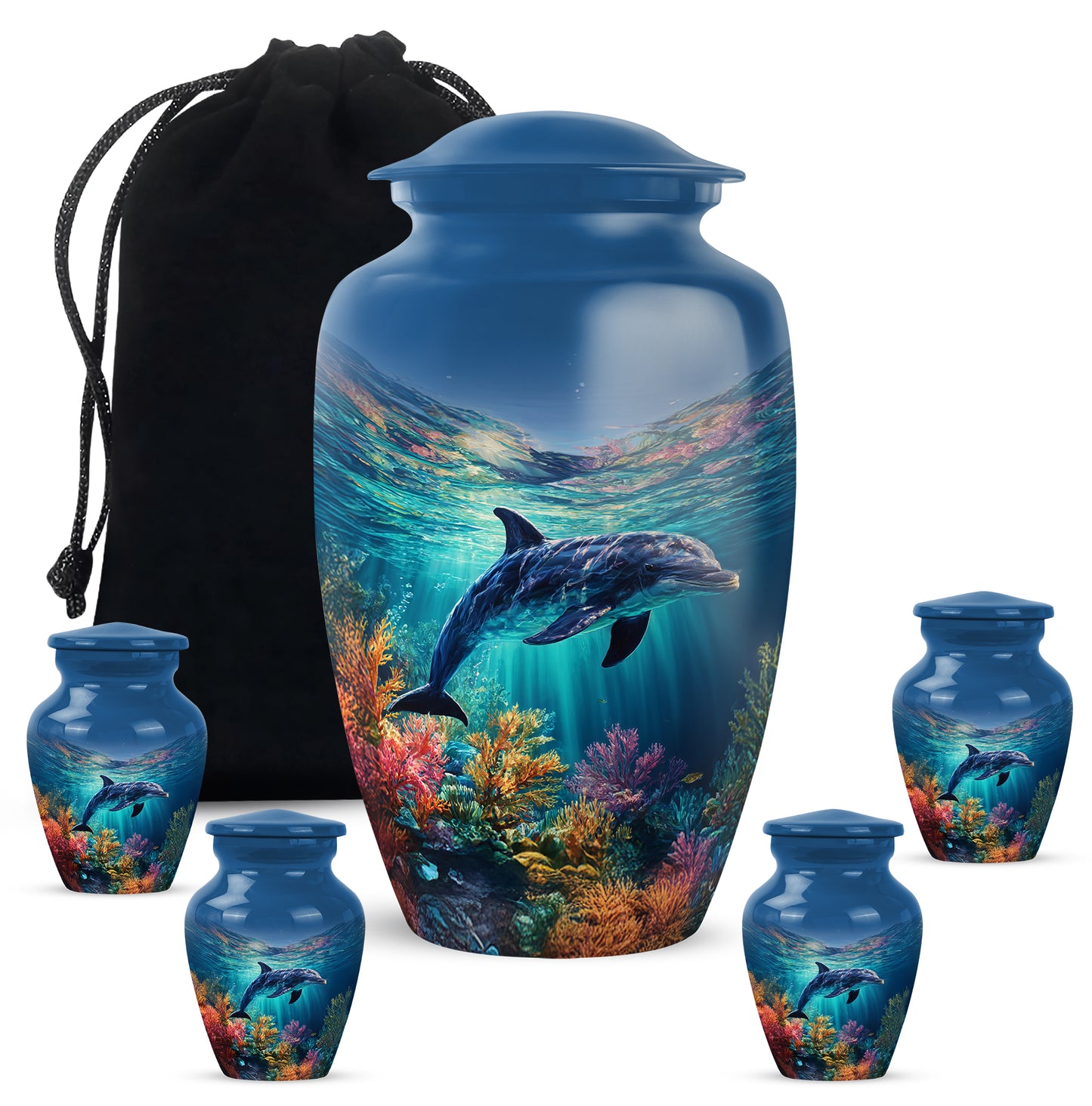 Steel Blue Dolphin Cremation Urn top-down view of secure threaded lid - elegant classic dolphin relief with fine detailing - memorial set with one large and four small urns
