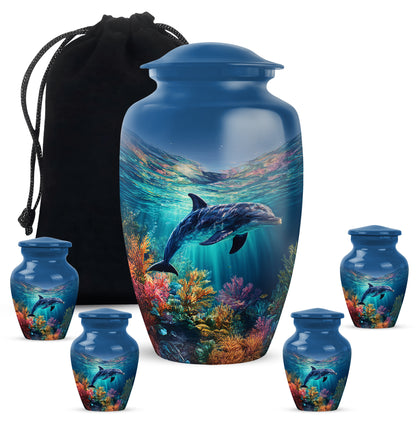 Steel Blue Dolphin Cremation Urn top-down view of secure threaded lid - elegant classic dolphin relief with fine detailing - memorial set with one large and four small urns