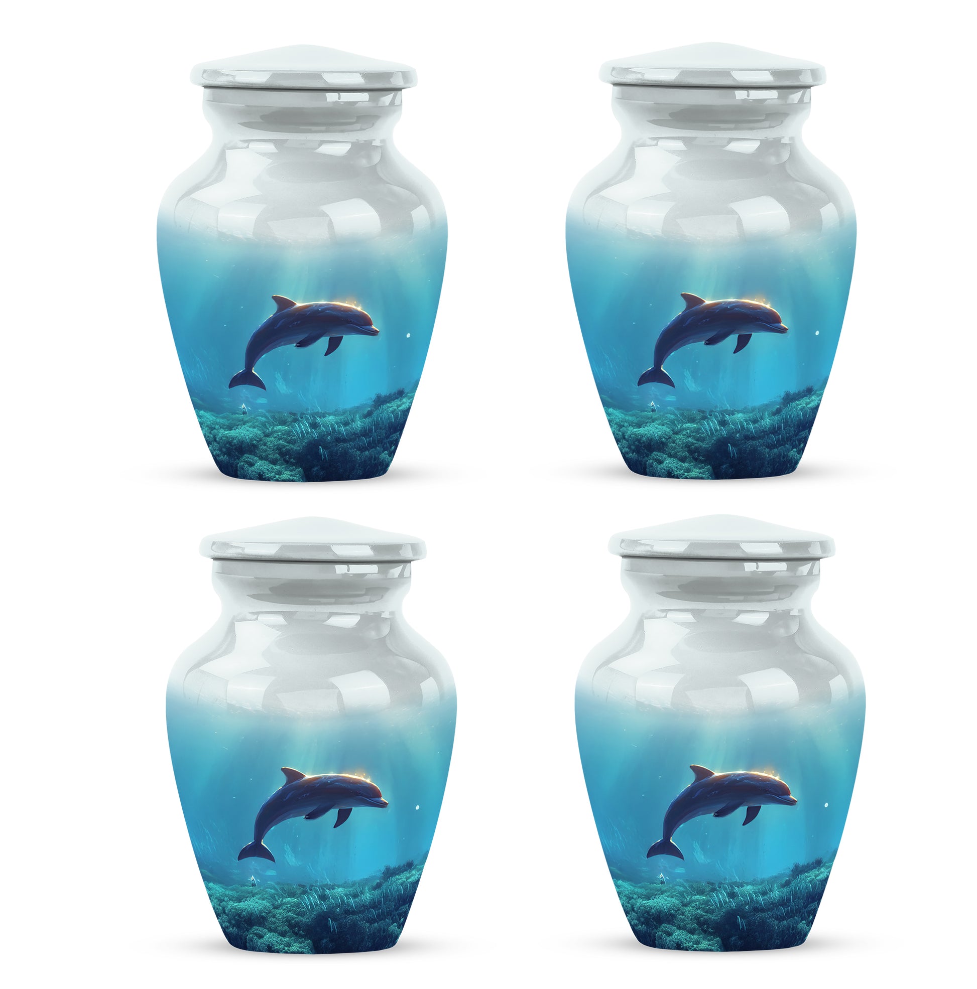 Frosted Silver Dolphin Cremation Urn side profile showing urn shape - traditional dolphin engraving with hand-polished finish - 10 inch aluminum urn for cremated remains
