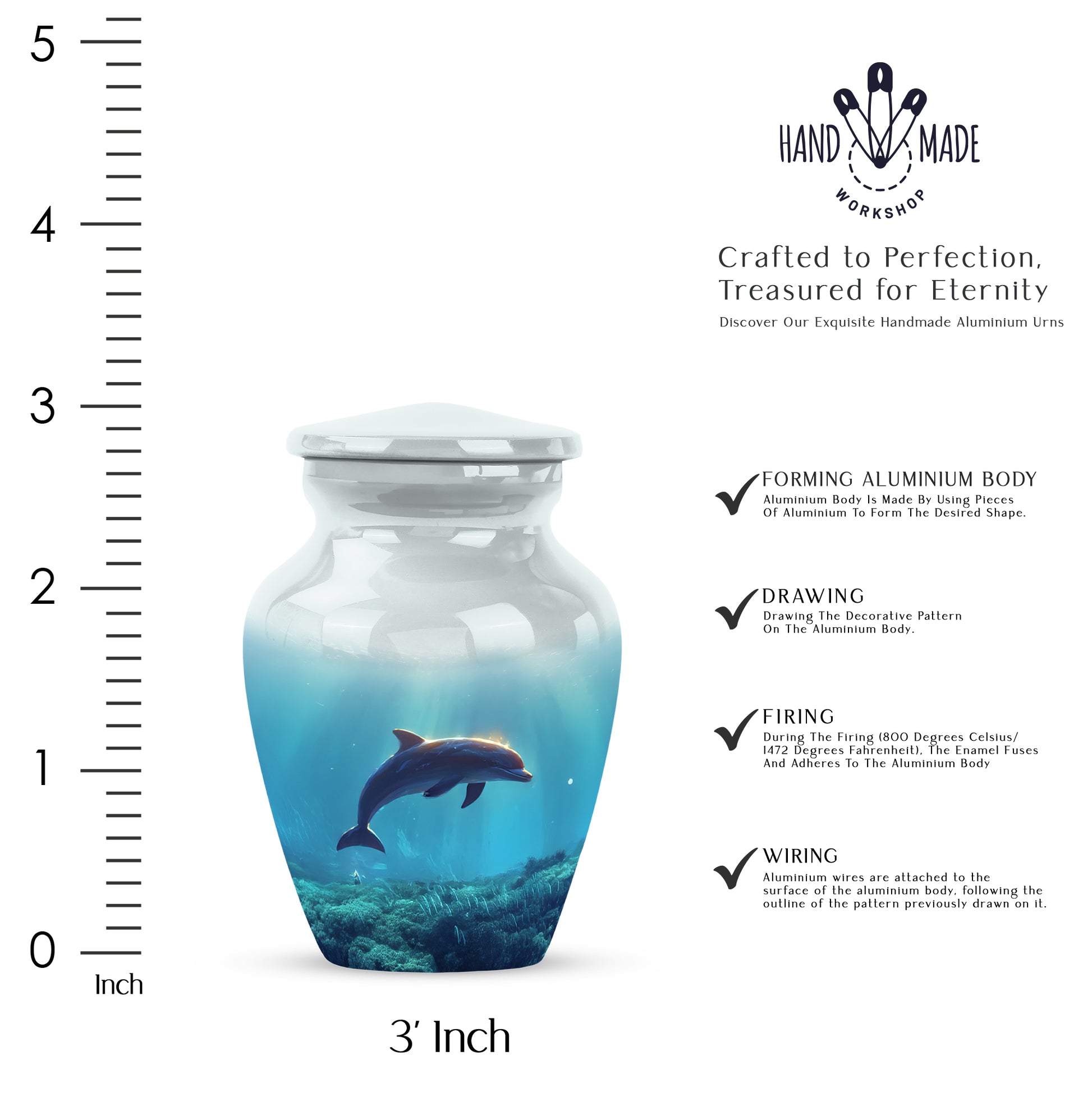 Gleaming Silver Dolphin Cremation Urn close-up of engraving and surface detail - classic sculpted dolphin pattern on smooth aluminum - mini keepsake memorial for portion of cremation ashes