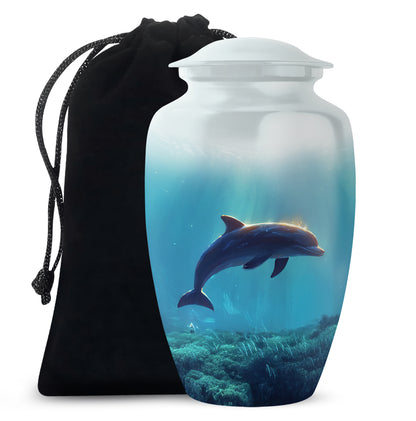 Gleaming Silver Dolphin Cremation Urn angled view of lid and engraved motif - classic sculpted dolphin pattern on smooth aluminum - full-size 10 inch 200 cubic inch adult cremation urn