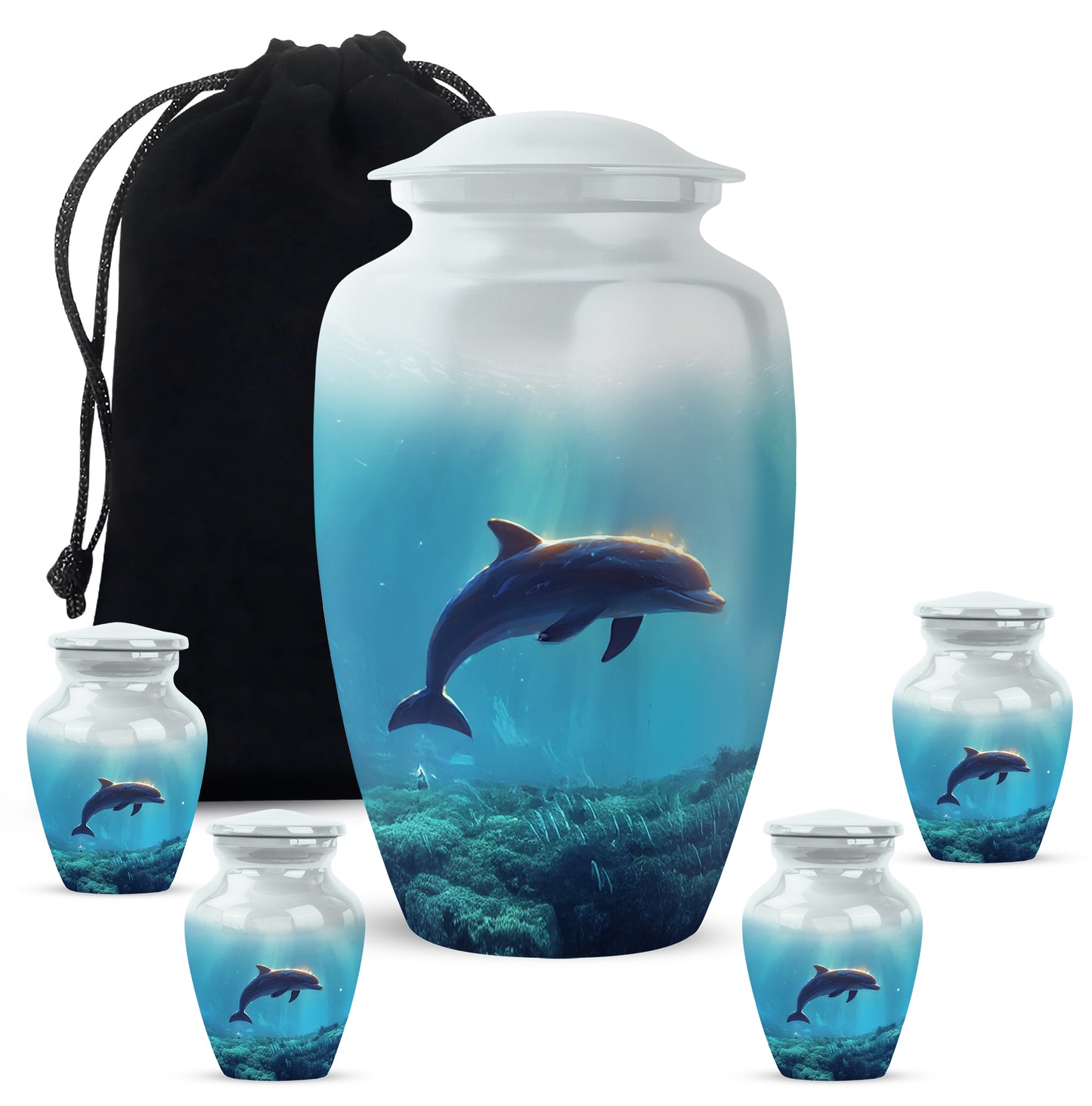 Frosted Silver Dolphin Cremation Urn top-down view of secure threaded lid - traditional dolphin engraving with hand-polished finish - memorial set with one large and four small urns