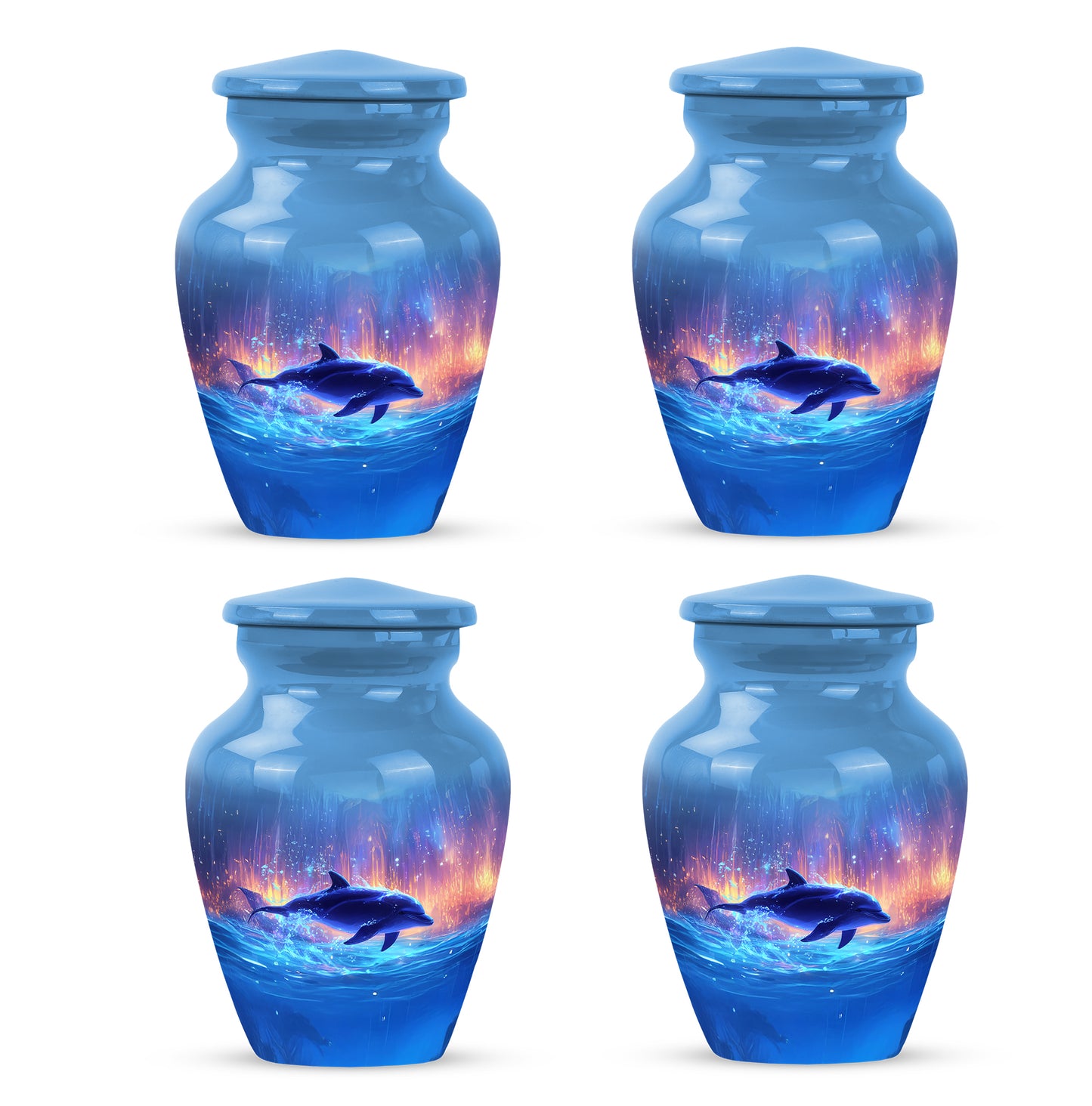 Bright Blue Dolphin Cremation Urn side profile showing urn shape - traditional dolphin engraving with hand-polished finish - 10 inch aluminum urn for cremated remains