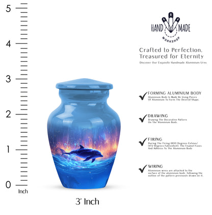 Cornflower Blue Dolphin Cremation Urn close-up of engraving and surface detail - elegant classic dolphin relief with fine detailing - mini keepsake memorial for portion of cremation ashes