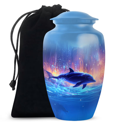 Steel Blue Dolphin Cremation Urn angled view of lid and engraved motif - traditional dolphin engraving with hand-polished finish - full-size 10 inch 200 cubic inch adult cremation urn