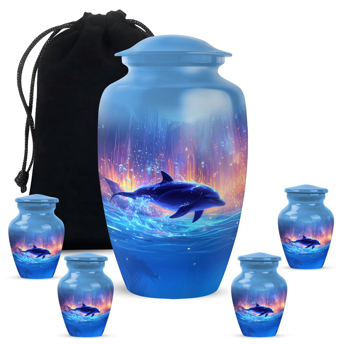 Powder Blue Dolphin Cremation Urn top-down view of secure threaded lid - classic sculpted dolphin pattern on smooth aluminum - memorial set with one large and four small urns