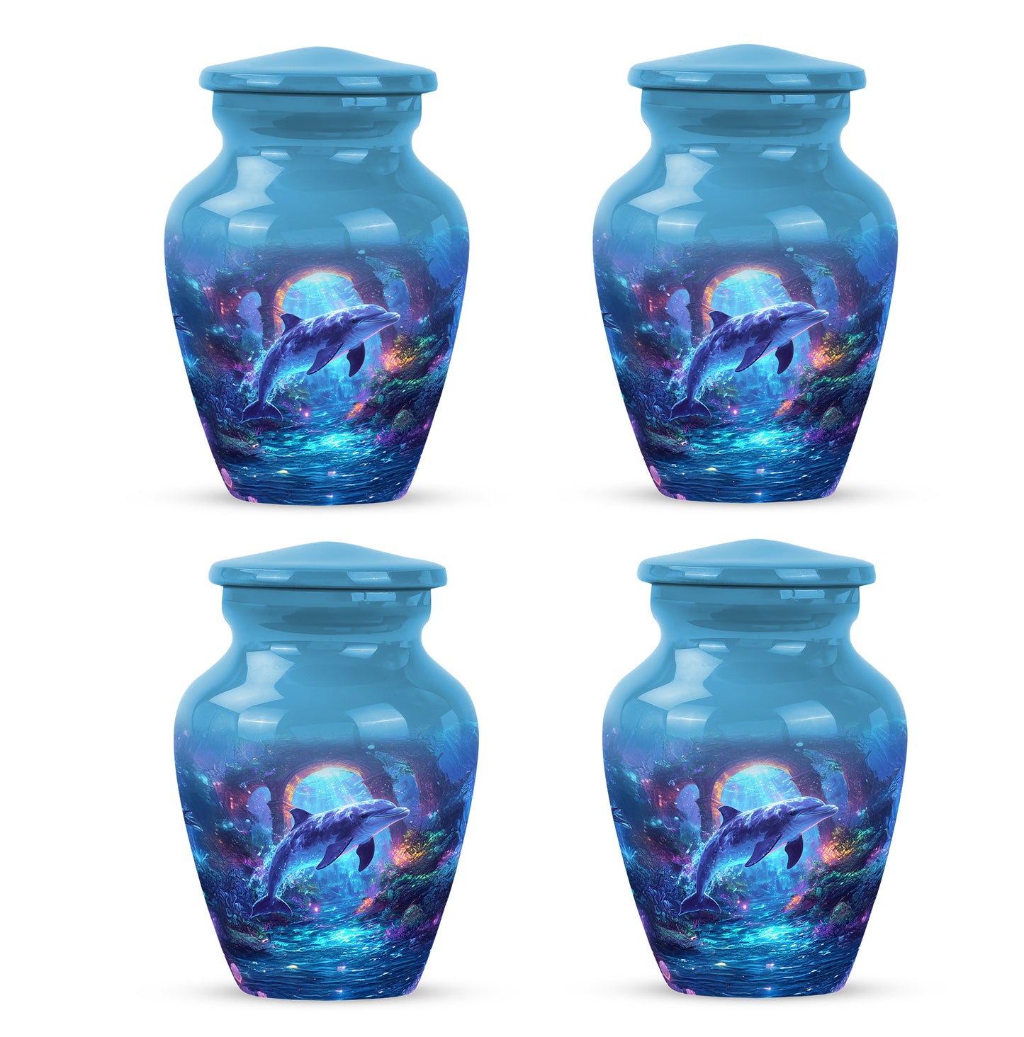 Calming Blue Dolphin Cremation Urn side profile showing urn shape - elegant classic dolphin relief with fine detailing - 10 inch aluminum urn for cremated remains