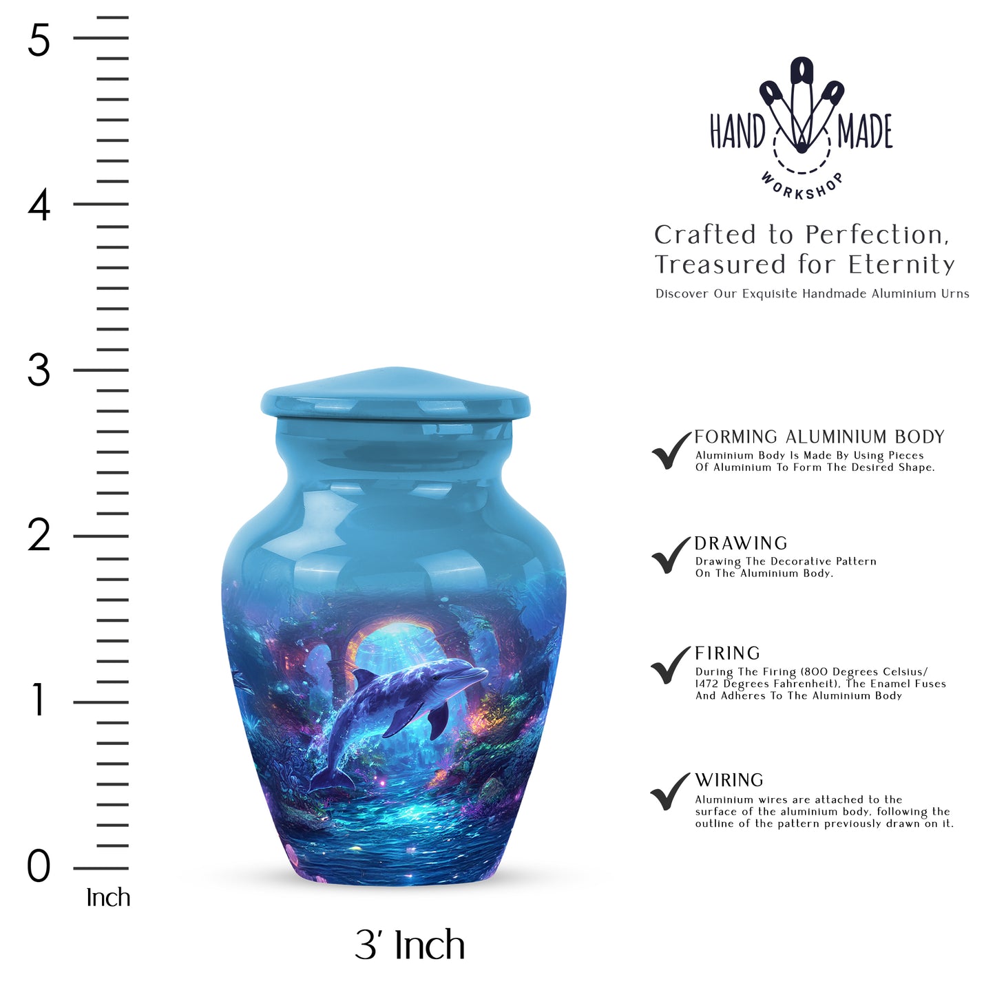 Slate Blue Dolphin Cremation Urn close-up of engraving and surface detail - timeless dolphin motif etched into premium metal - mini keepsake memorial for portion of cremation ashes