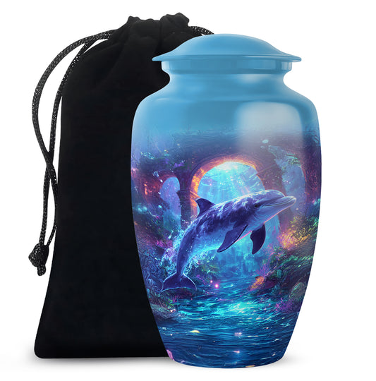 Navy Blue Dolphin Cremation Urn angled view of lid and engraved motif - classic sculpted dolphin pattern on smooth aluminum - full-size 10 inch 200 cubic inch adult cremation urn