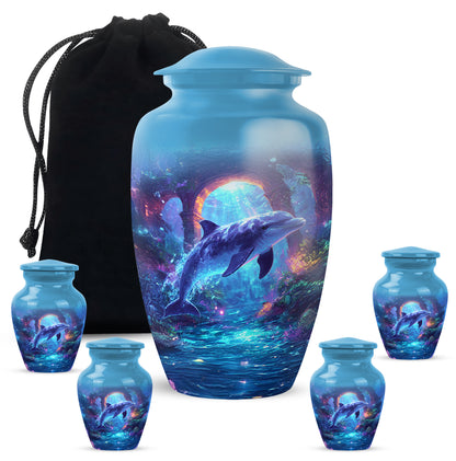 Calming Blue Dolphin Cremation Urn top-down view of secure threaded lid - elegant classic dolphin relief with fine detailing - memorial set with one large and four small urns