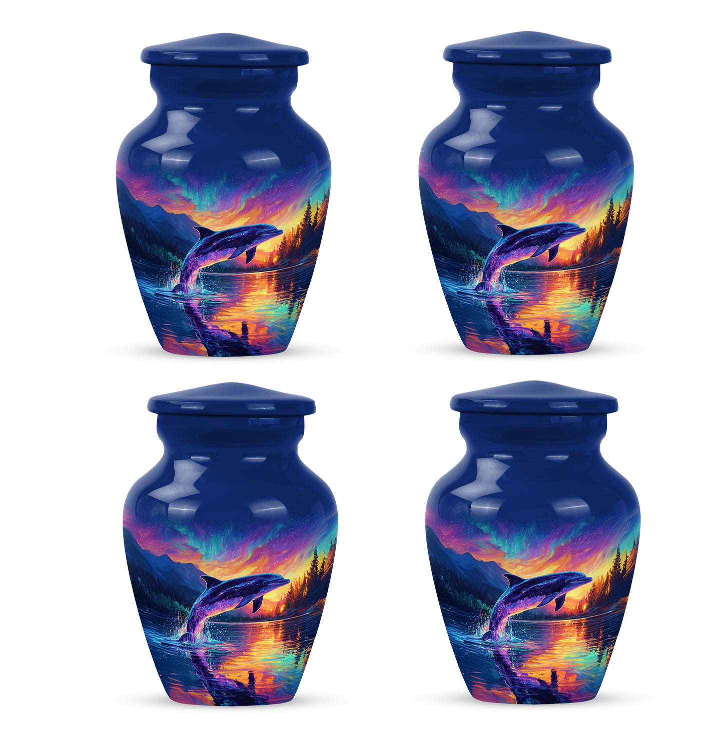 Twilight Blue Dolphin Cremation Urn side profile showing urn shape - elegant classic dolphin relief with fine detailing - 10 inch aluminum urn for cremated remains