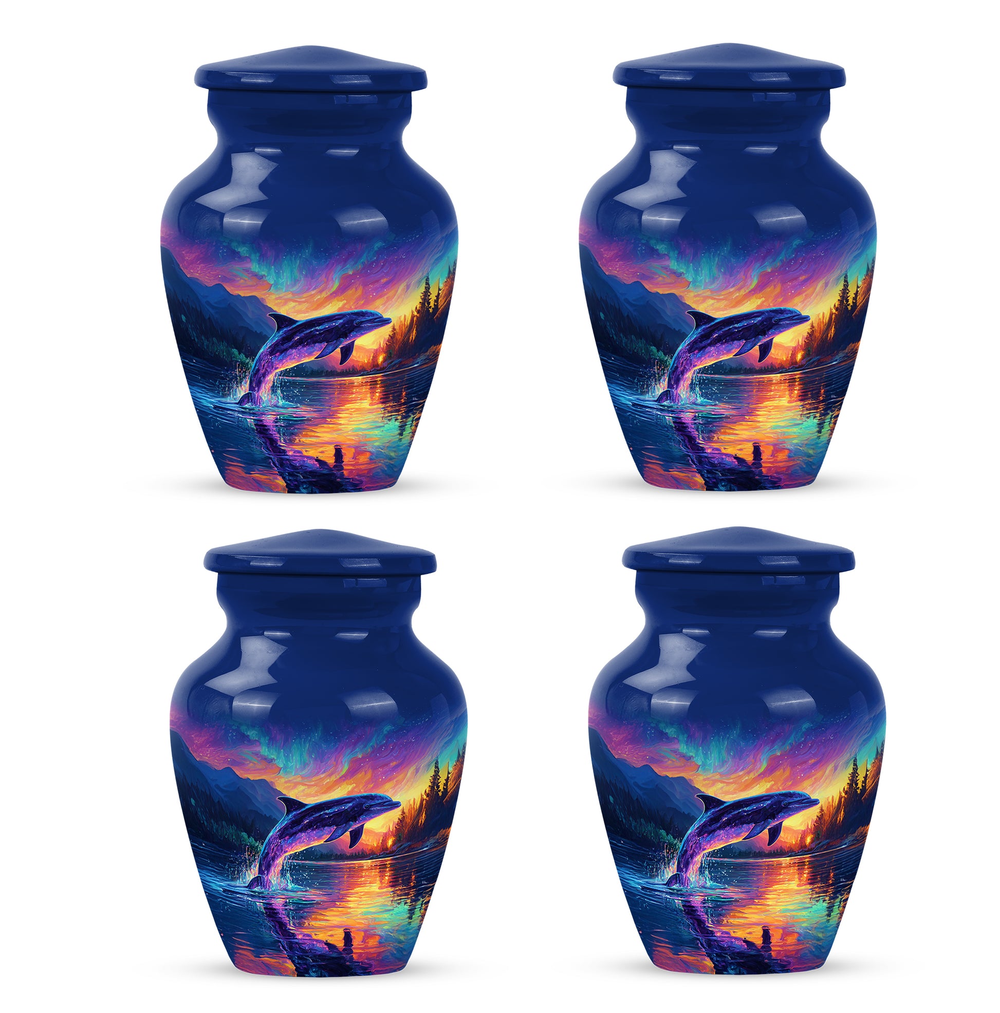 Twilight Blue Dolphin Cremation Urn side profile showing urn shape - elegant classic dolphin relief with fine detailing - 10 inch aluminum urn for cremated remains