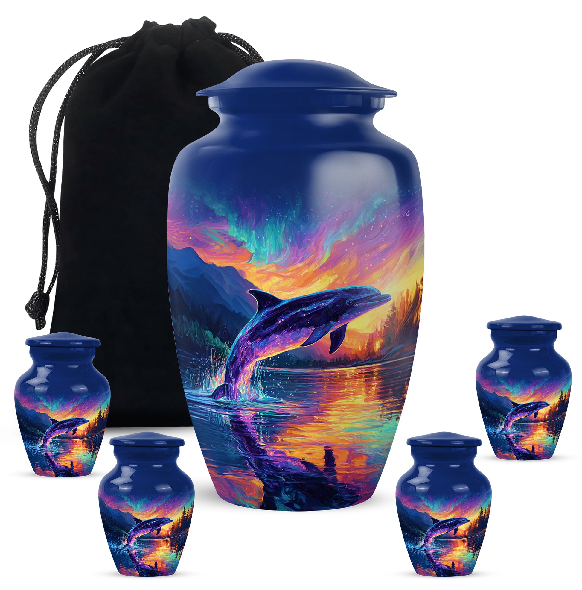 Vivid Blue Dolphin Cremation Urn top-down view of secure threaded lid - traditional dolphin engraving with hand-polished finish - memorial set with one large and four small urns