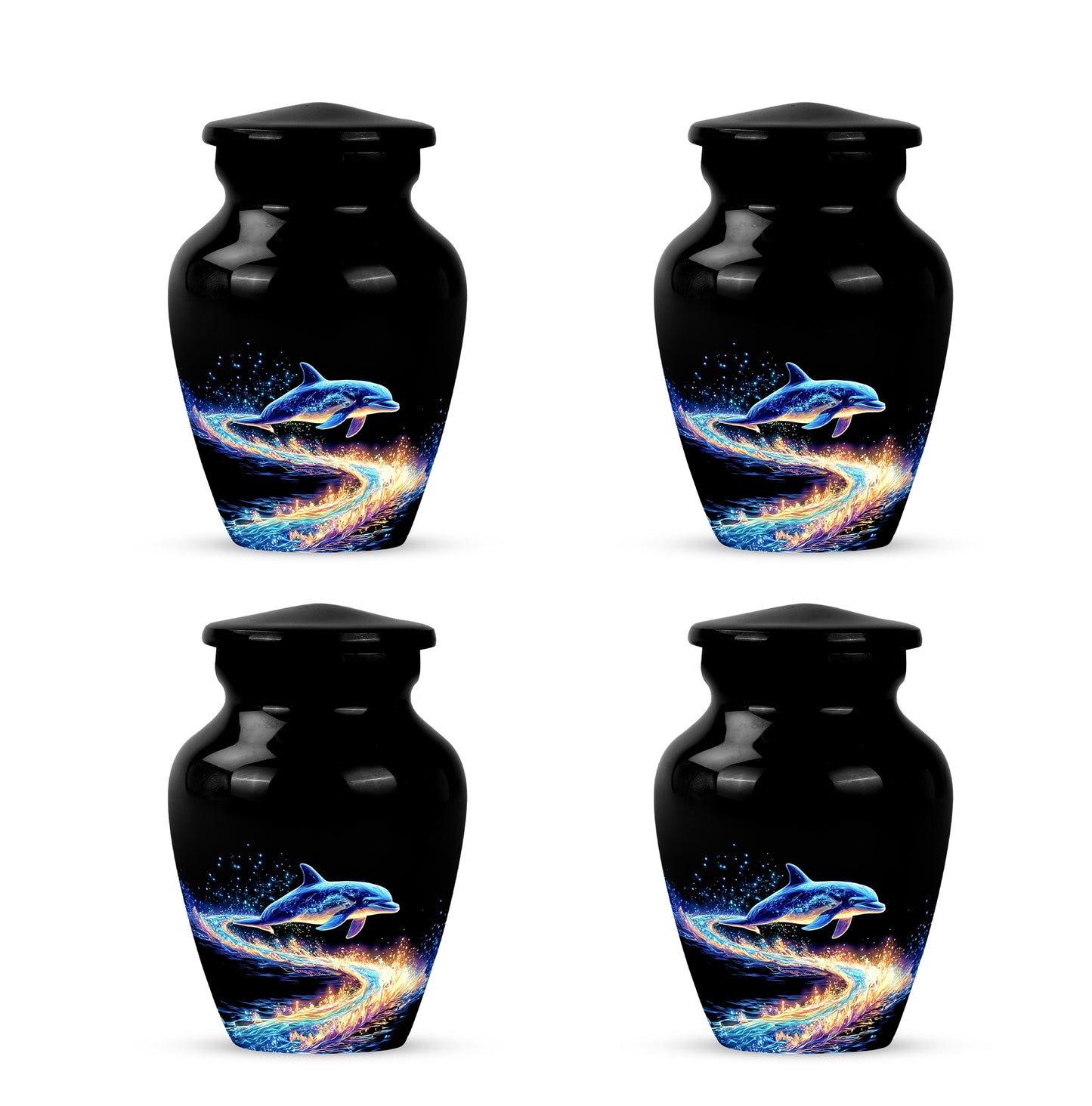 Glossy Black Dolphin Cremation Urn side profile showing urn shape - timeless dolphin motif etched into premium metal - 10 inch aluminum urn for cremated remains