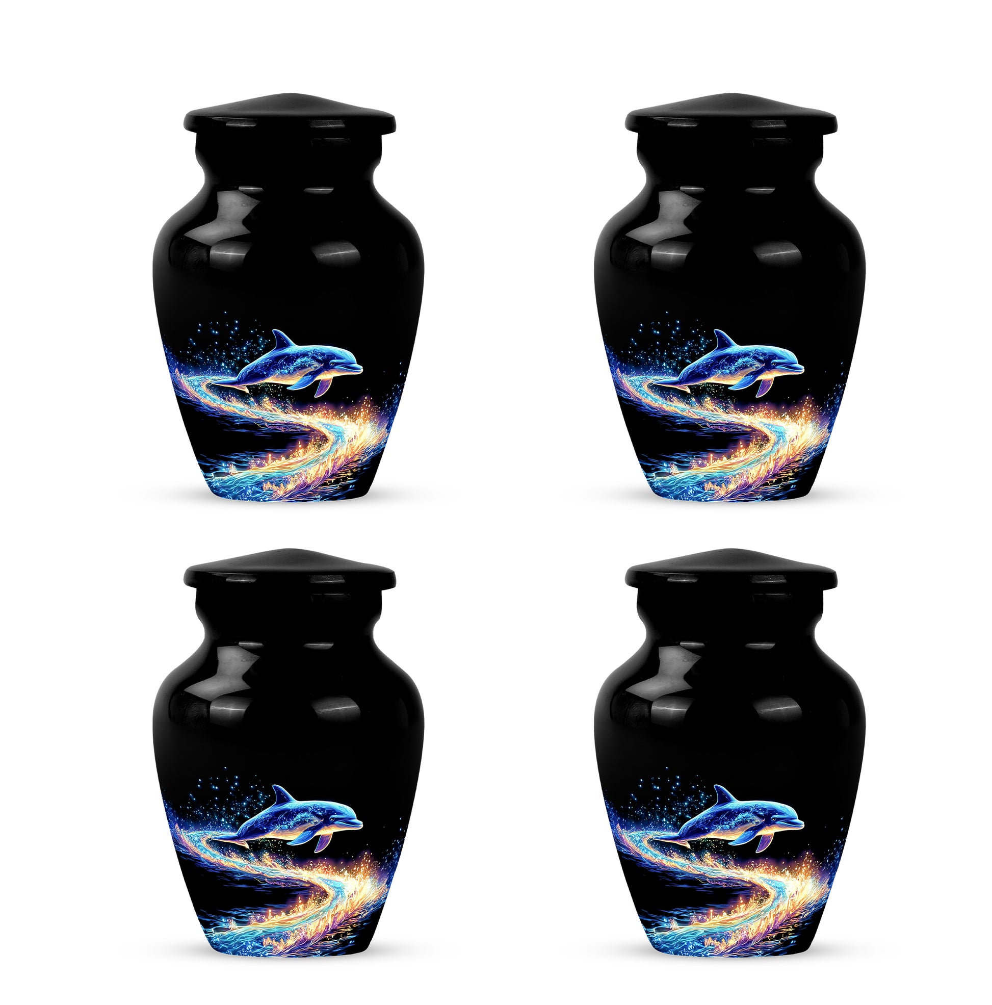 Glossy Black Dolphin Cremation Urn side profile showing urn shape - timeless dolphin motif etched into premium metal - 10 inch aluminum urn for cremated remains