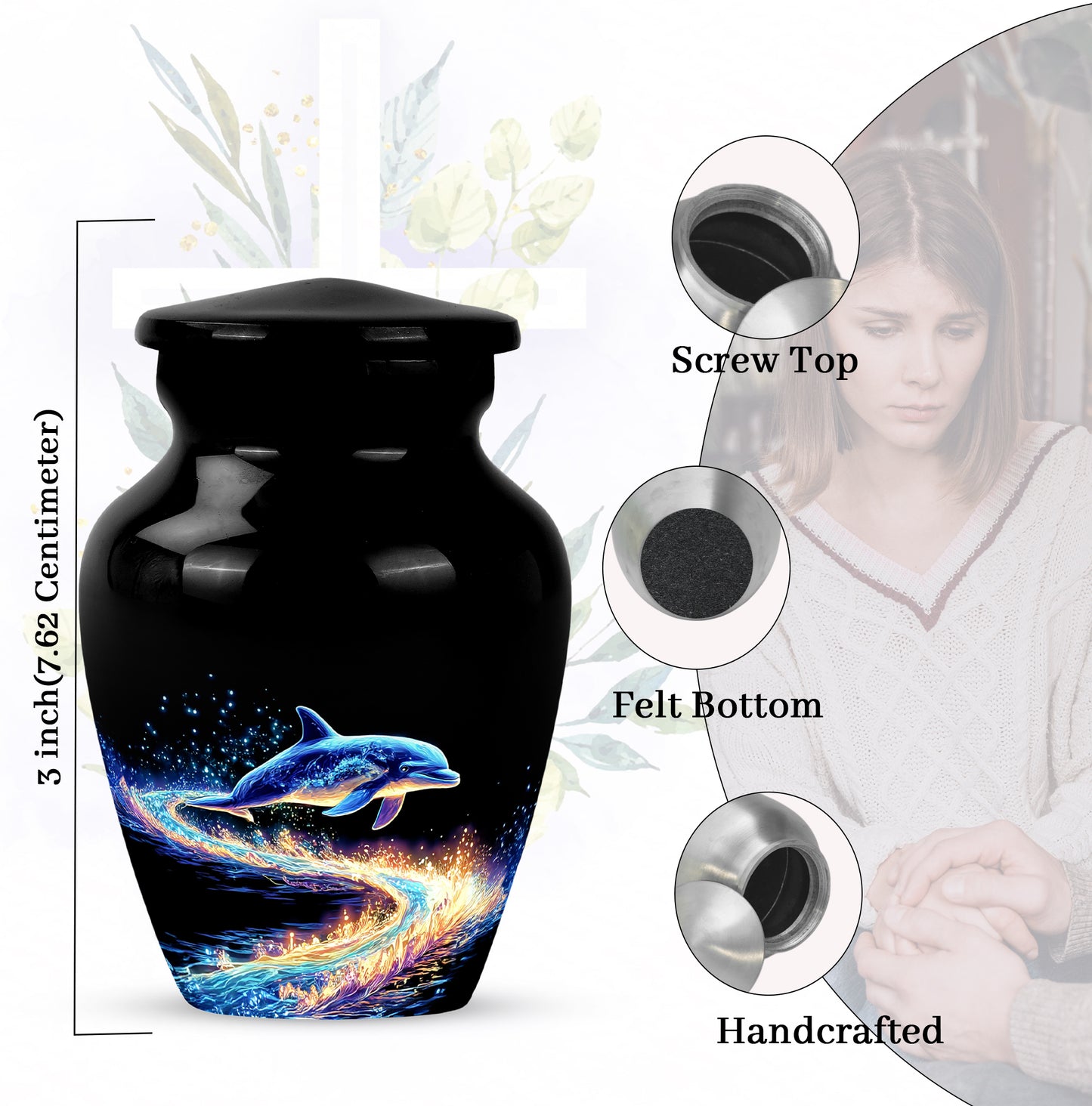 Ebony Dolphin Cremation Urn close-up of engraving and surface detail - classic sculpted dolphin pattern on smooth aluminum - mini keepsake memorial for portion of cremation ashes