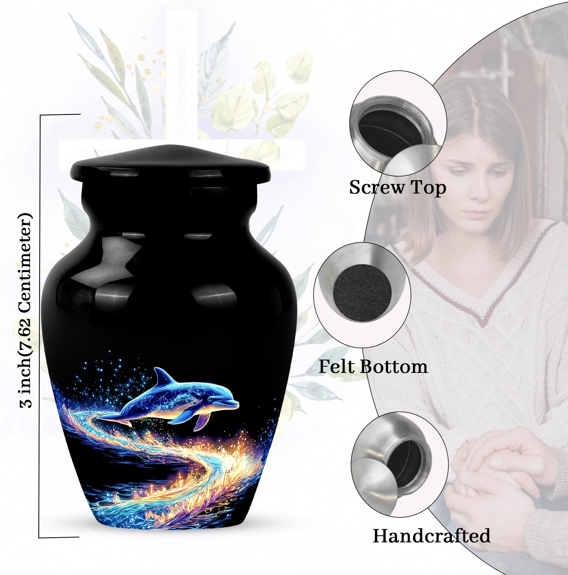 Ebony Dolphin Cremation Urn close-up of engraving and surface detail - classic sculpted dolphin pattern on smooth aluminum - mini keepsake memorial for portion of cremation ashes