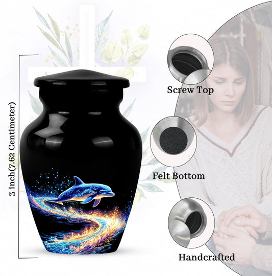 Ebony Dolphin Cremation Urn close-up of engraving and surface detail - classic sculpted dolphin pattern on smooth aluminum - mini keepsake memorial for portion of cremation ashes