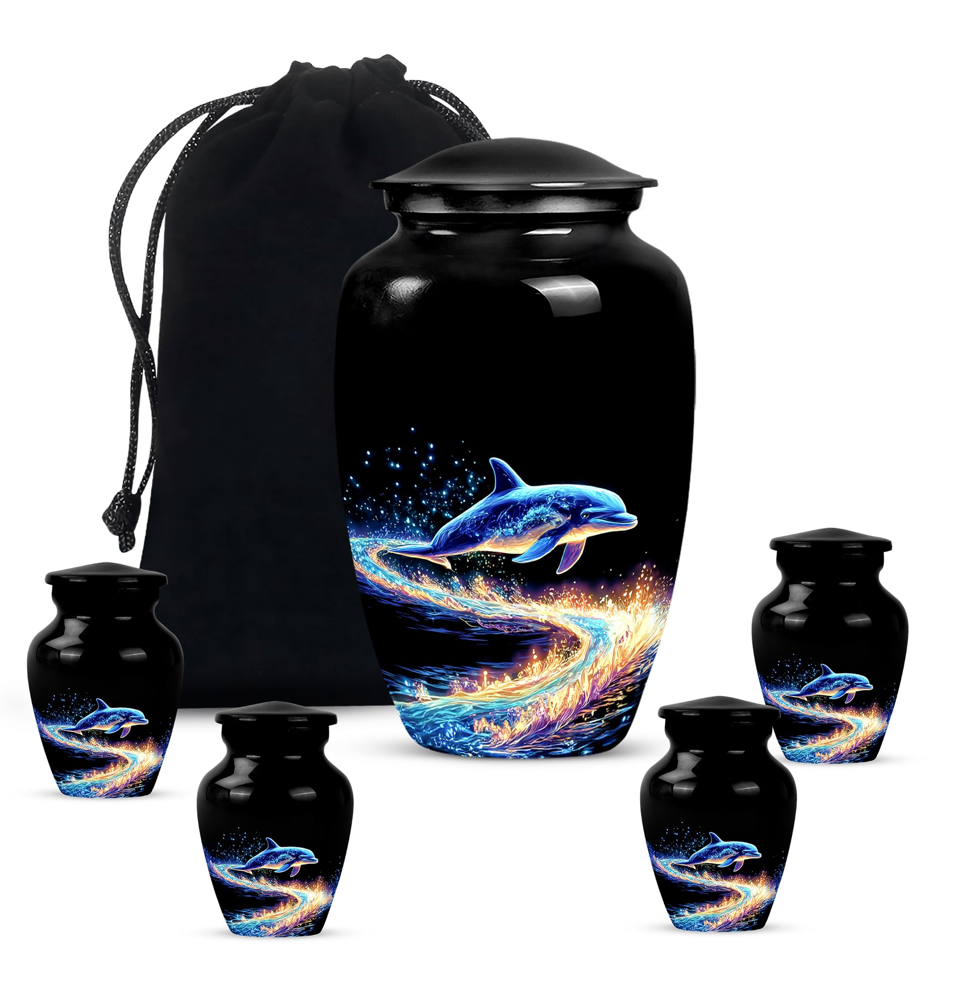 Jet Black Dolphin Cremation Urn top-down view of secure threaded lid - timeless dolphin motif etched into premium metal - memorial set with one large and four small urns